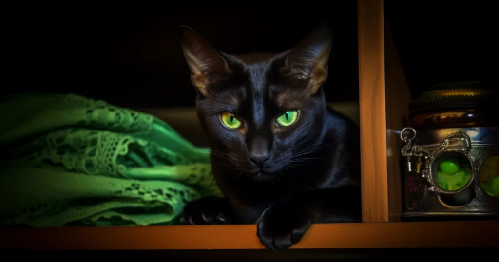 whiskerwitty-black-cat-emerald-eyes-on-bookshelf